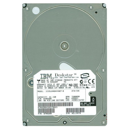 IC35L040AVVA07-0 Жорсткий диск IBM Lenovo Deskstar 120GXP 40GB 7200RPM ATA-100 IDE 2MB Cache 3.5" IC35L040AVVA07-0 Жорсткий диск IBM Lenovo Deskstar 120GXP 40GB 7200RPM ATA-100 IDE 2MB Cache 3.5"