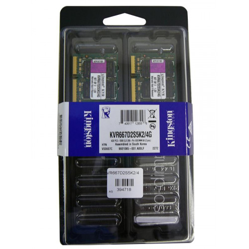 KVR667D2S5K2/4G Оперативна пам'ять Kingston 4GB Kit (2 X 2GB) DDR2-667MHz non-ECC Unbuffered CL5 200-Pin So-Dimm